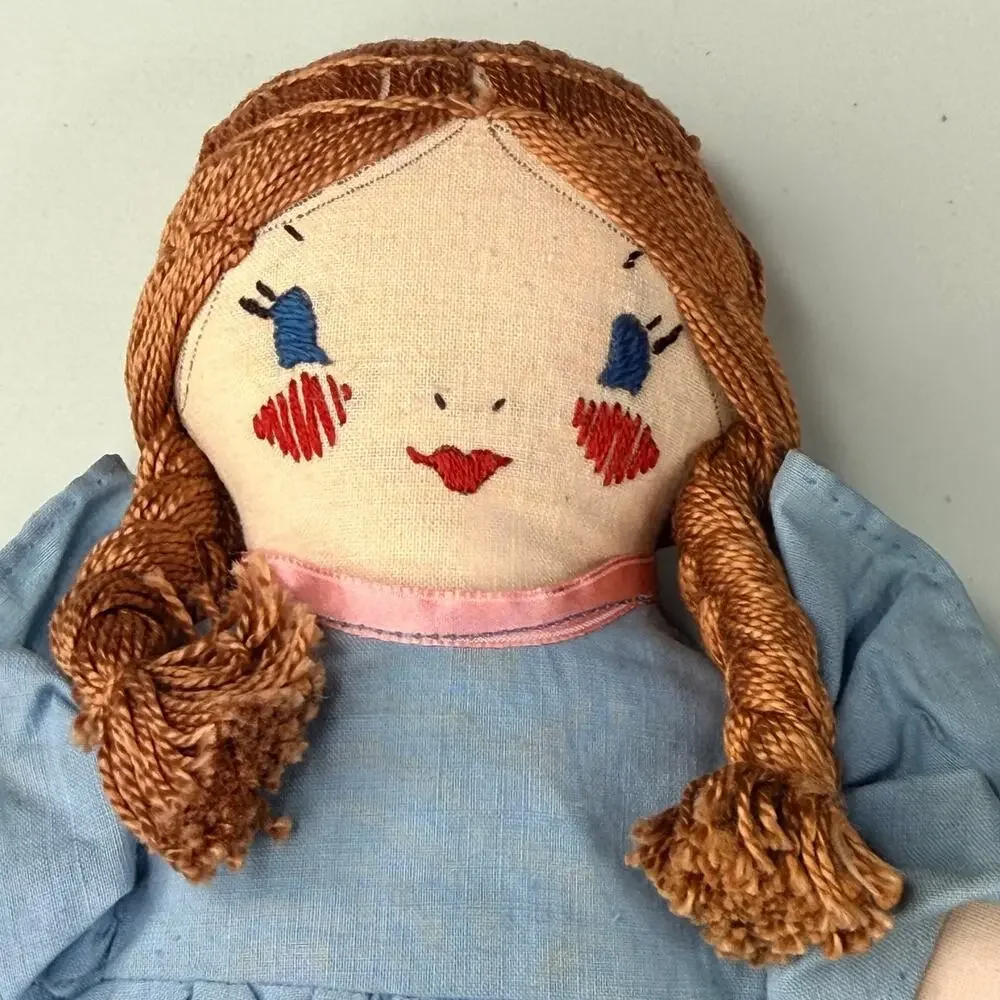 Vintage Handmade Rag Doll Cloth Folk Art Blue Dress Cottagecore Nursery Decor